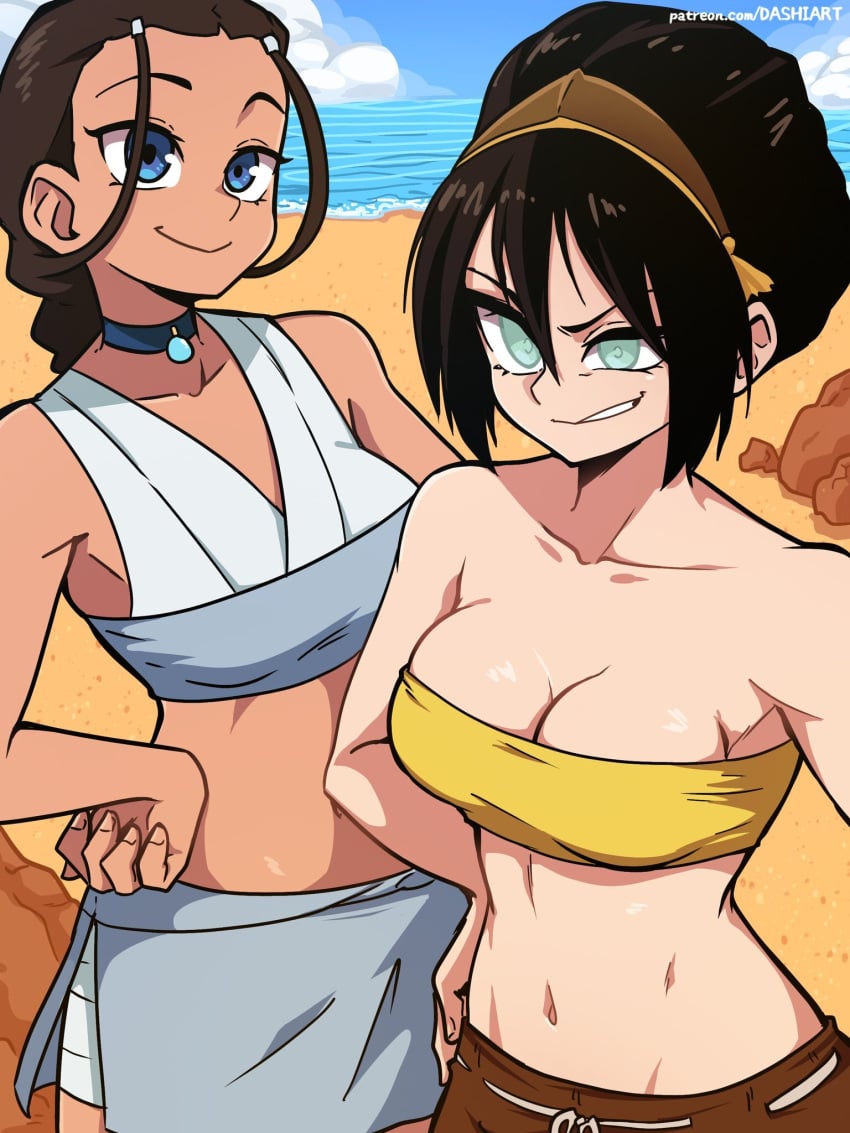 2girls avatar_the_last_airbender beach black_hair breasts dashi_art earthbender katara toph_bei_fong waterbender