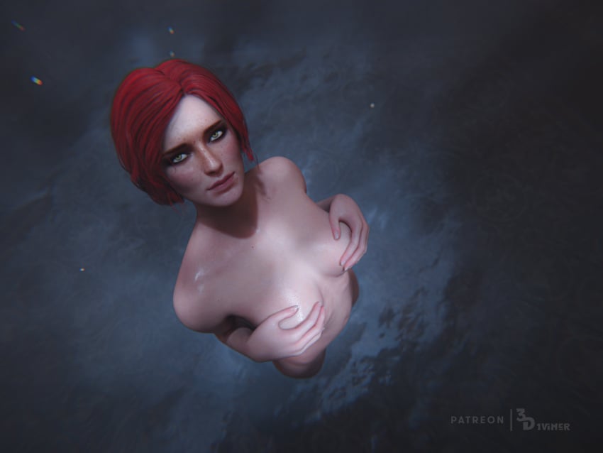 3d1viner bath bathing breasts completely_nude female freckles light-skinned_female looking_at_viewer nipples_covered nude red_hair solo the_witcher_(series) the_witcher_3:_wild_hunt triss_merigold wet_body