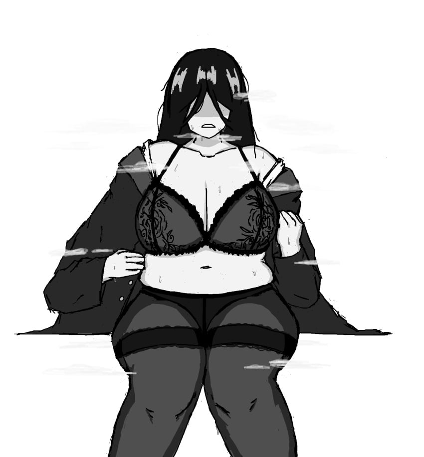 alternate_version_available black_hair breasts breath_cloud commission digital_media_(artwork) female female_focus female_only hair_covering_eye library_of_ruina martina_(library_of_ruina) monochrome open_mouth project_moon sweat tagme