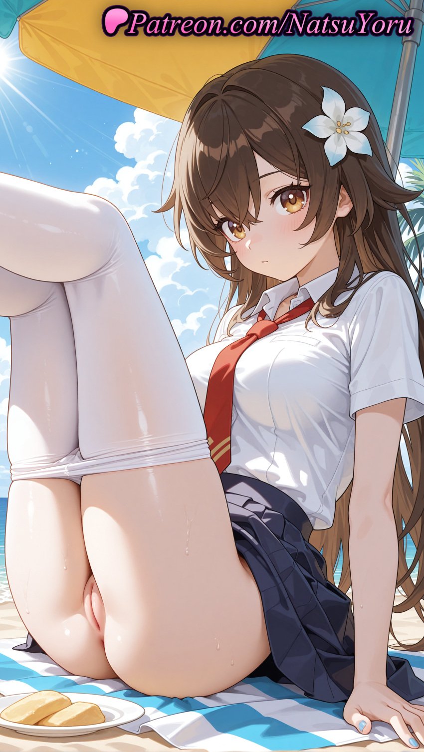 1girls ai_generated anime anime_style anus arm_support asian ass asshole bangs beach beach_towel beach_umbrella black_skirt blue_nails blue_skirt blue_sky blush breasts brown_eyes brown_hair bust busty cleft_of_venus closed_mouth clothes_lift clothes_pull cloud collared_shirt crossed_bangs day feet_out_of_frame female female_focus female_only flower food hair_between_eyes hair_flower hair_ornament hentai juicy_butt labia_majora large_breasts legs legs_up long_hair looking_at_viewer medium_breasts nail_polish natsuyoru necktie no_panties ocean original original_character oshiri outdoors paipan pantyhose pantyhose_pull plate pleated_skirt pussy red_necktie school_uniform shirt shirt_tucked_in short_sleeves sitting skirt skirt_lift sky solo solo_female sunlight sweat thighs towel umbrella uncensored vagina voluptuous voluptuous_female white_flower white_pantyhose white_shirt yellow_eyes