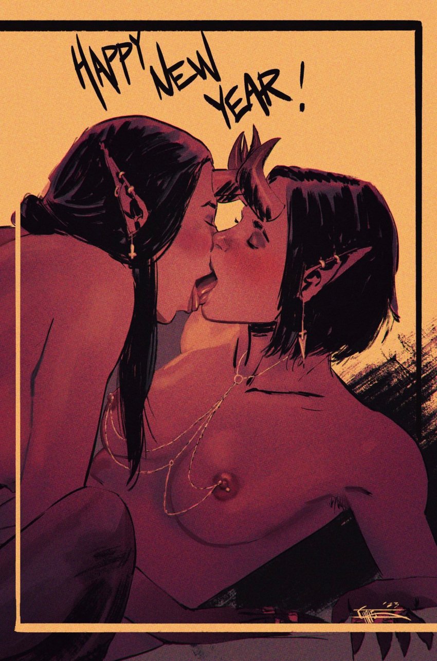 2d 2girls artist_request black_hair chain_piercing chris_shehan closed_eyes demon demon_girl demon_girls digital_media earrings horns lesbian_kiss lesbian_sex new_year pierced_nipples pointy_ears red_body yuri