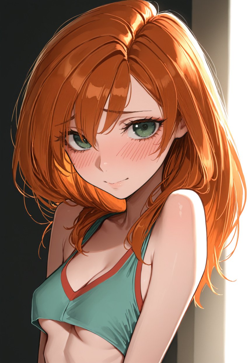 2024 ai_generated blush breasts clothed crop_top disney disney_channel embarrassed embarrassed_female female ginger ginger_hair go kim_possible kimberly_ann_possible mardjak nipple_outline orange_hair skimpy smile solo tagme underboob upper_body