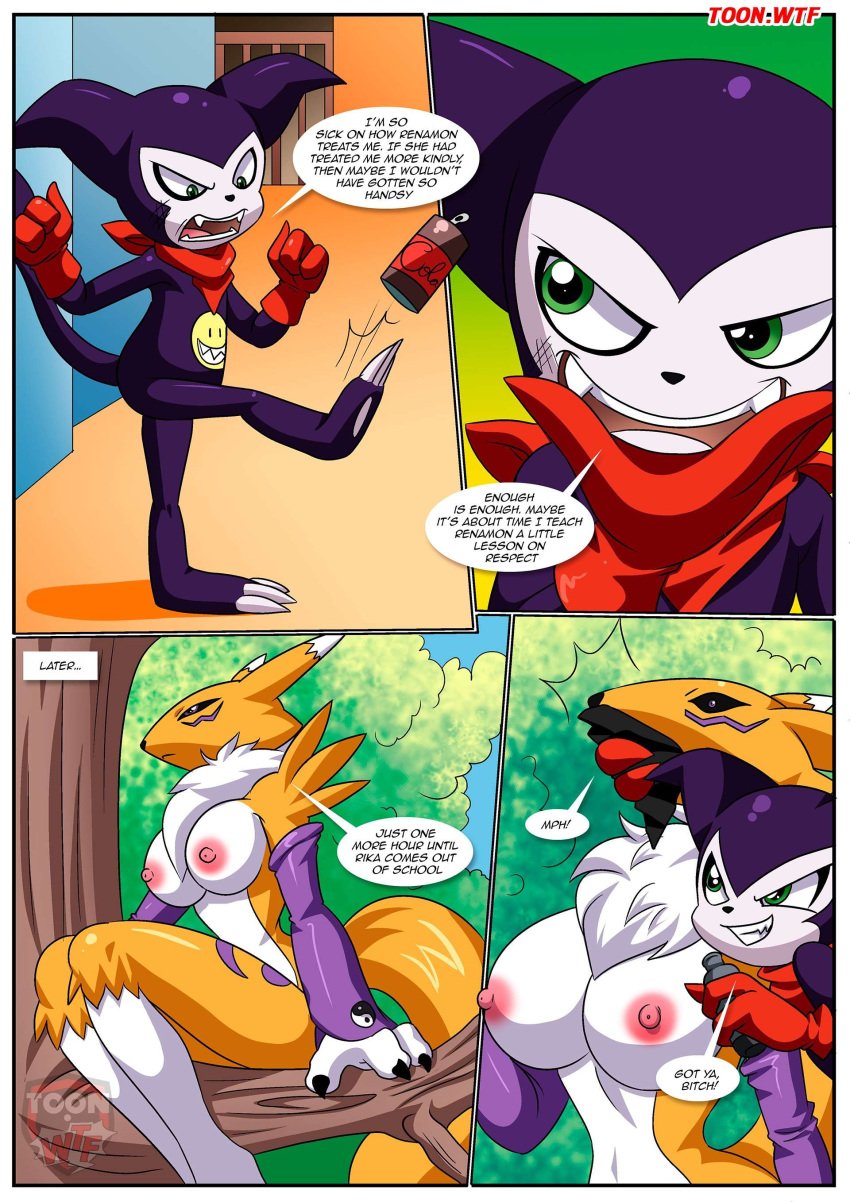 1boy 1girls anthro bbmbbf breasts comic digihentai digimon digimon_(species) female furry impmon impmon's_payback_(comic) male nipples palcomix renamon toon.wtf