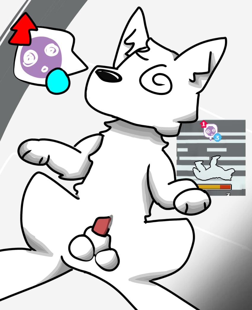 & 1thingmore animal_genitalia balls block_tales canid canine canis dazed digital_drawing_(artwork) digital_media_(artwork) dizzy dizzy_eyes ears_up feral fur gameplay_mechanics genitals gui half-erect health_bar hi_res hungry_wolf_(block_tales) lying male mammal on_back penis reference_image shaded sheath snout solo solo_focus status_effect white_body white_fur wolf