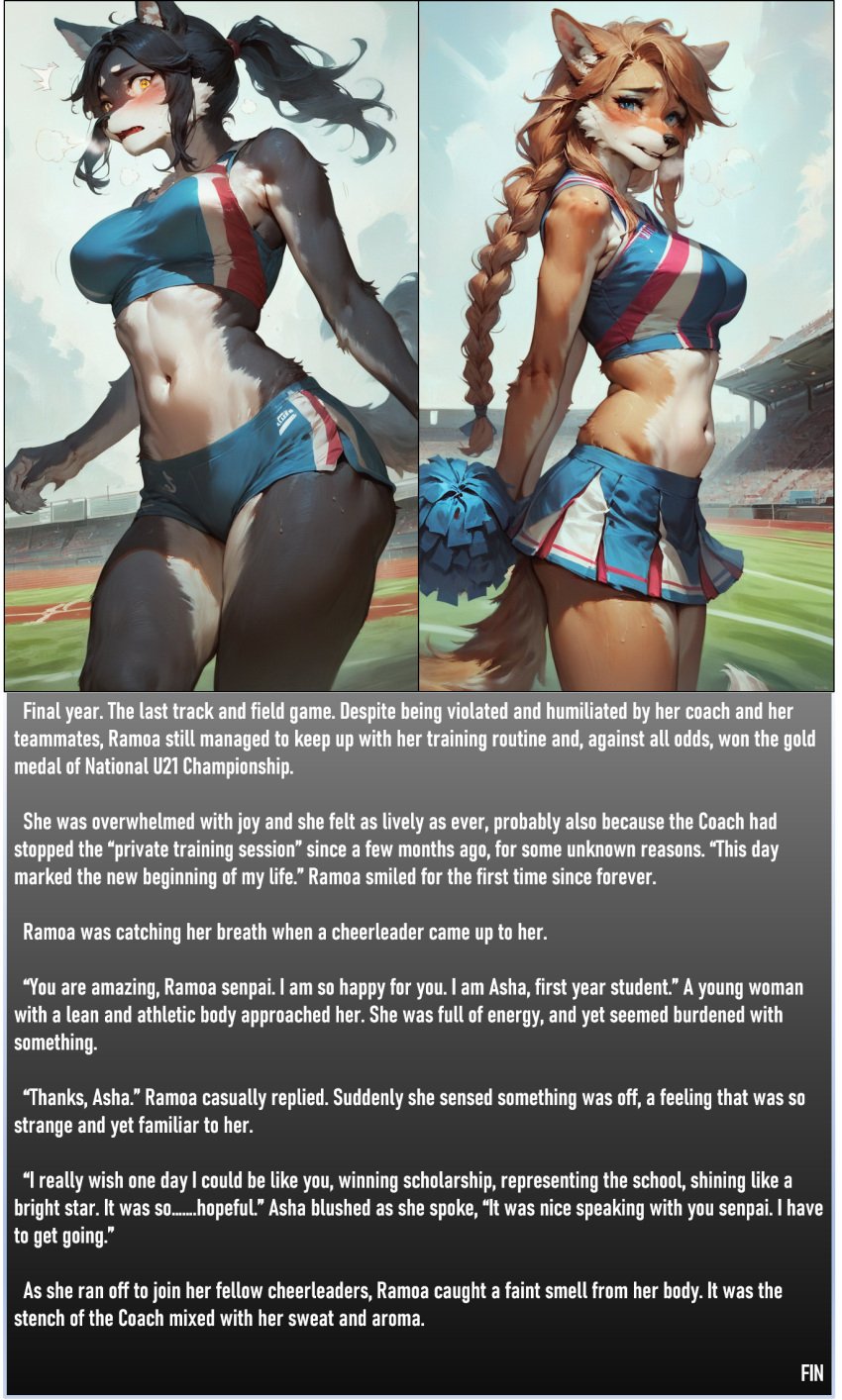 2girls ai_generated anthro blush braided_hair cheerleader cheerleader_uniform furry long_hair machina267 midriff ponytail sports_bra sportswear wolf_girl