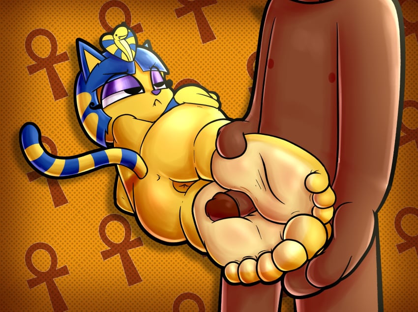 5_toes absurd_res animal_crossing ankha_(animal_crossing) annoyed anthro anus ass baggy_(artist) barefoot big_feet blue_hair bored bored_sex digital_media_(artwork) domestic_cat duo egyptian feet felid feline felis female foot_fetish foot_focus foot_play footjob fur genitals hair hi_res human humanoid humanoid_feet interspecies male male/female mammal nintendo not_furry nude penile penis plantigrade sex simple_background soles stripes tail toes yellow_body