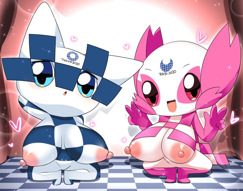 2020_tokyo_olympics 2girls ambiguous_gender big_breasts blue_eyes breasts cape lets0020 mascot miraitowa olympics someity tagme