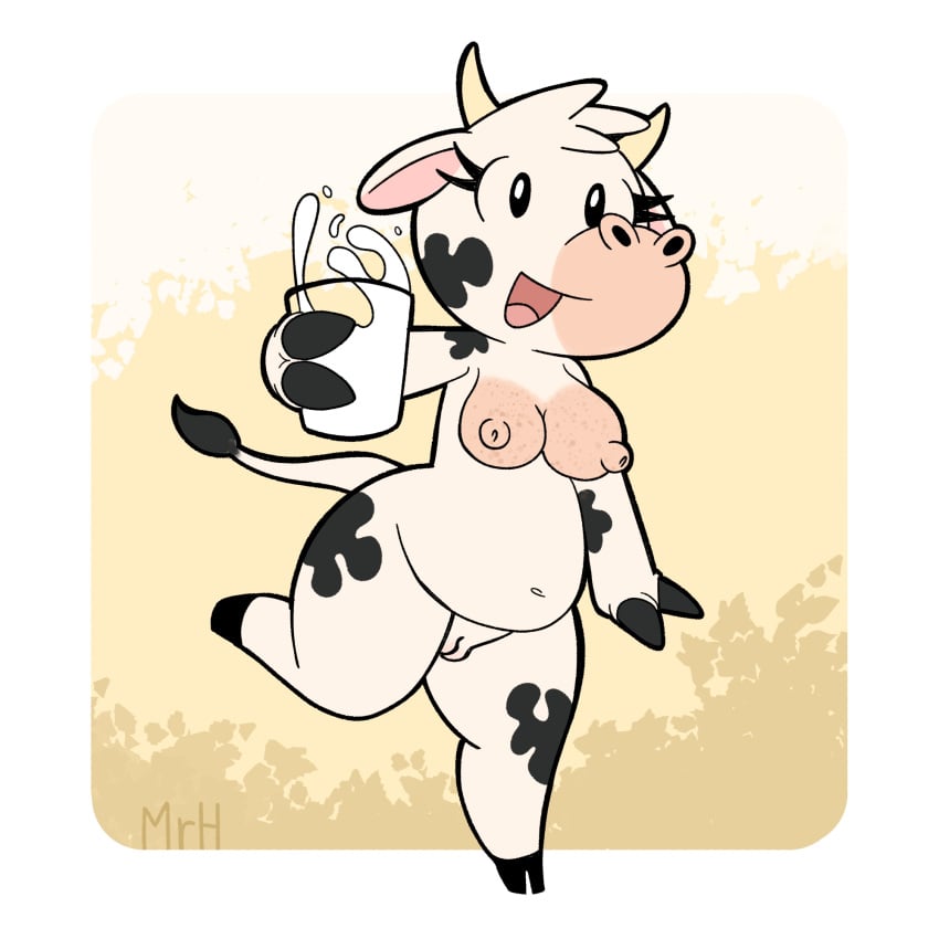 anthro big_breasts bodily_fluids bovid bovine breasts cattle el_senor_erizo female genitals hi_res horn lactating mammal margarita_(el_senor_erizo) milk nipples nude open_mouth pussy smile solo thick_thighs