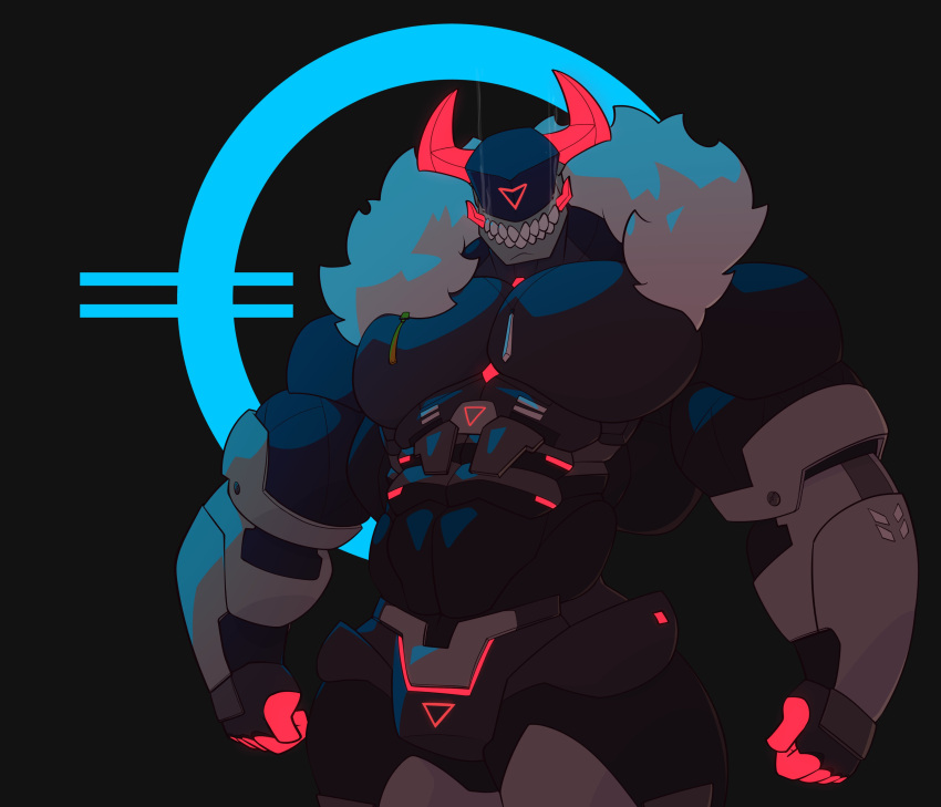 1boy anthro bara biceps bulge cerwcerw demon horns male male_focus male_only mecha moobs muscular muscular_male oni_(matsuraoni) original pecs protogen_visor smiling steam tagme visor