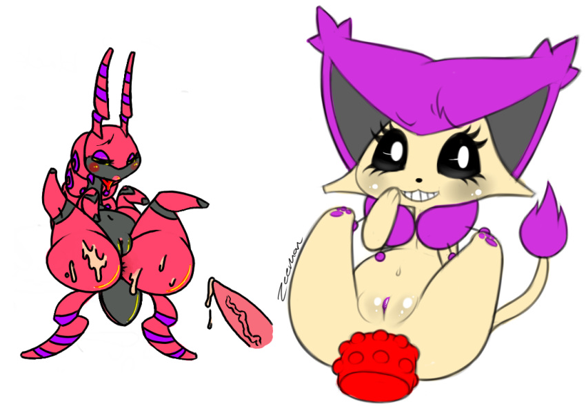 1boy 2girls animal_penis anthro body_fur color delcatty disembodied_penis erection female furry male nintendo partial_male penis pokemon scolipede simple_background straight tail tail_tuft toony vagina veiny_penis zeeman