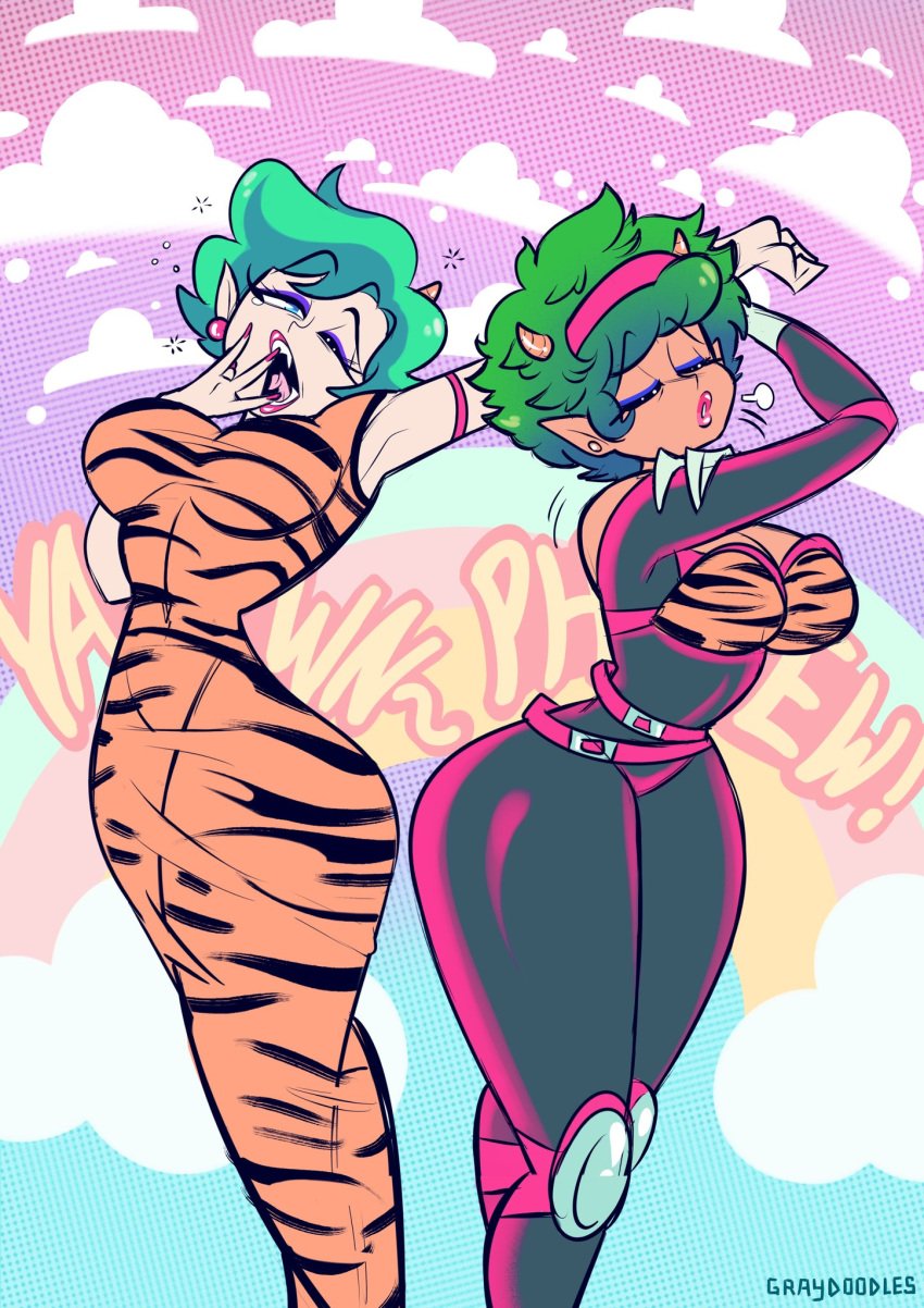 2girls armpits breasts closed_eyes earrings graydoodles green_hair horns lum's_mother mature mature_female mature_woman milf mother oni oni_horns short_hair ten's_mother tired tired_eyes urusei_yatsura voluptuous yawn