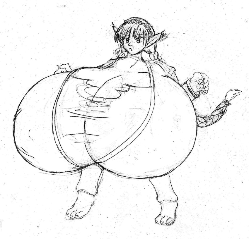 breast_expansion breasts_bigger_than_head claws digitigrade digitigrade_legs golden_sun hyper monochrome non-furry sveta sveta_(golden_sun) tail