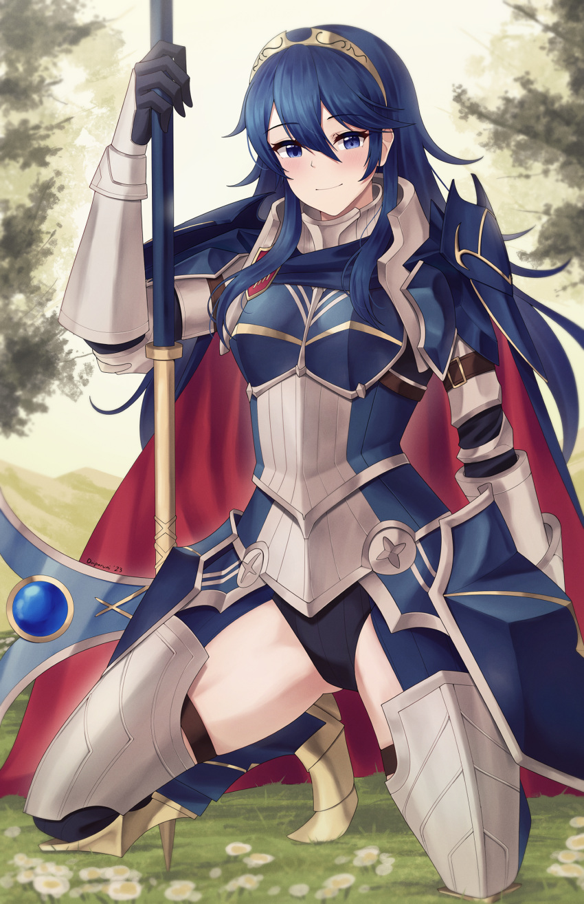 1girls alternate_costume armor axe black_leotard black_panties black_underwear blue_cape blue_eyes blue_hair breastplate cape closed_mouth doiparuni faulds female female_only fire_emblem fire_emblem_awakening fire_emblem_heroes highres holding holding_axe leotard long_hair looking_at_viewer lucina_(fate's_resolve)_(fire_emblem) lucina_(fire_emblem) nintendo official_alternate_costume outdoors panties red_cape smile solo symbol_in_eye thighs tiara underwear