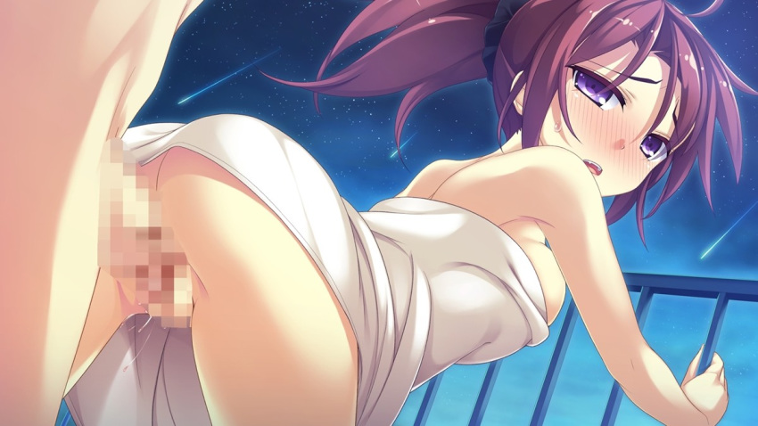 akifumi blush blushing censored female_penetrated game_cg heavily_censored kuraha looking_back night_sky ozawa penetration ponytail purple_eyes ryuusei☆kiseki sex tied_hair unisonshift