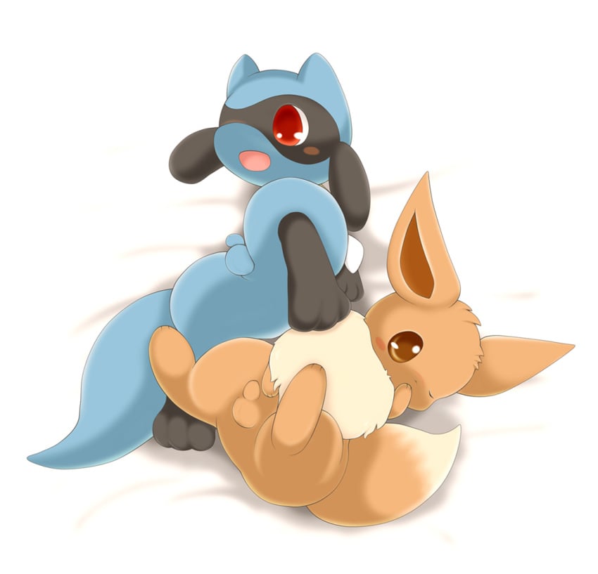 beige_fur black_fur blue_fur blush brown_eyes brown_fur color cute eevee fur furry_ears furry_tail interspecies male male_only multiple_males nude open_mouth penis pointy_ears pokemon red_eyes riolu schnecken tail testicles white_background wink