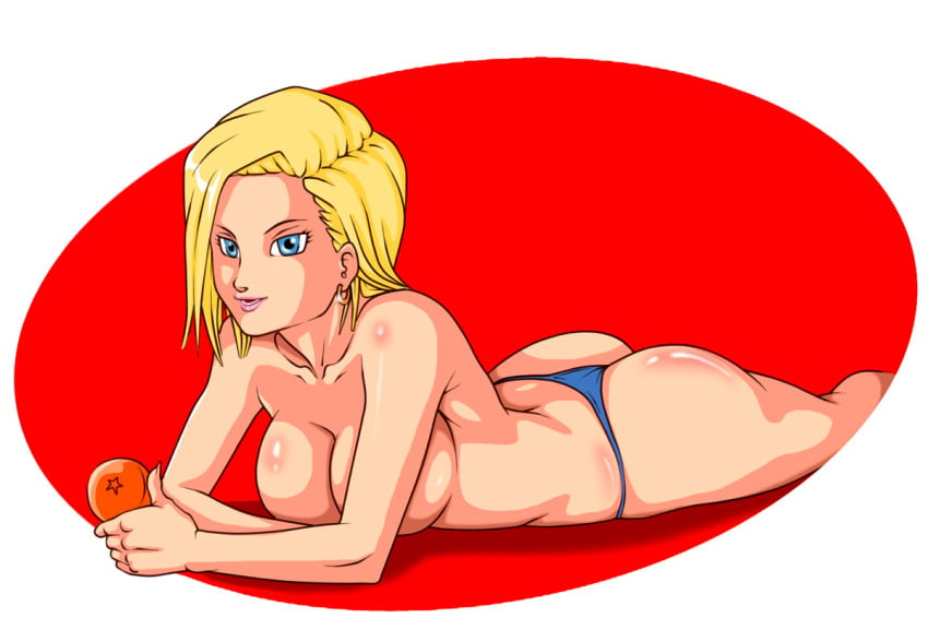 1girls android_18 arm arms art ass bare_arms bare_legs bare_shoulders blonde_hair blue_eyes blue_panties breast_press breasts cleavage collarbone dragon_ball dragon_ball_z earrings female female_only human jewelry large_breasts legs lips lipstick looking_at_viewer lying lying_down makeup neck on_stomach open_mouth panties pink_lipstick r3ydart short_hair smile solo thumbs_up topless