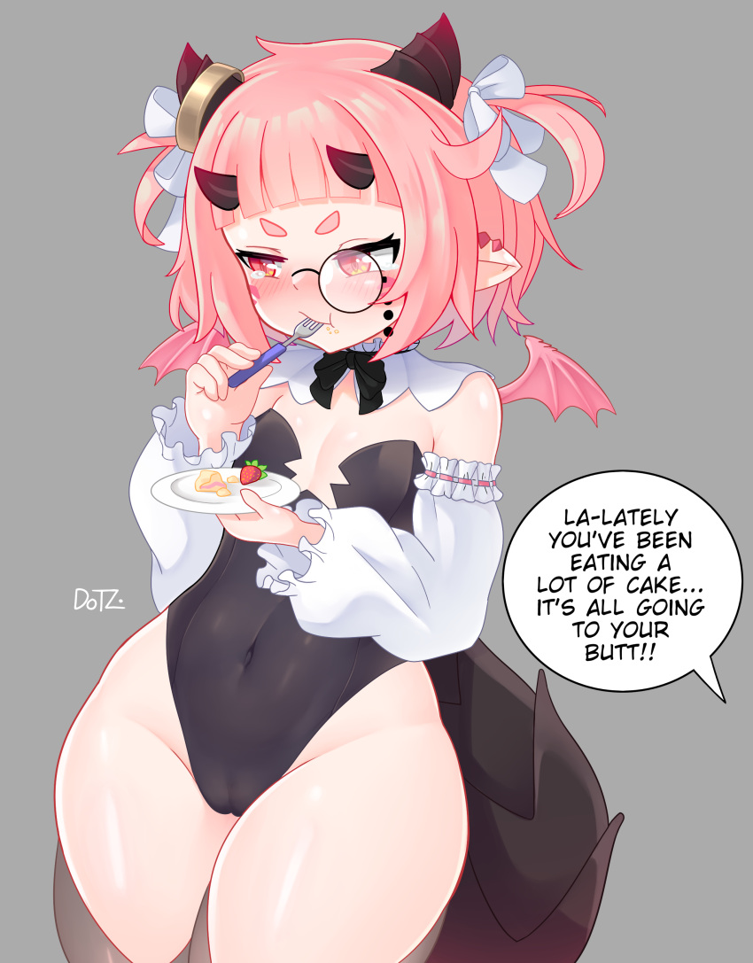 1girls anya_belrory cameltoe dot_zack dragon_girl dragon_tail earrings eating english_text female female_focus horns looking_away monocle pink_hair pointy_ears ribbon ruffled_sleeves speech speech_bubble thick_thighs thighs twintails wings