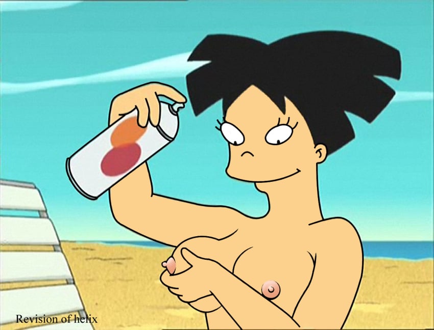 amy_wong black_hair breasts day female female_only futurama helix holding_object human matt_groening_(style) nipples outdoors short_hair smile solo spray-on_bikini tagme tan_skin toony