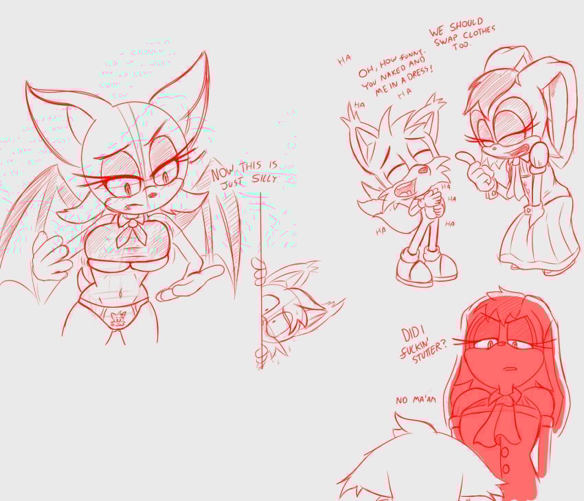 bat fox jumpjump milf monochrome older_female rabbit rouge_the_bat tails tails_the_fox vanilla_the_rabbit younger_male