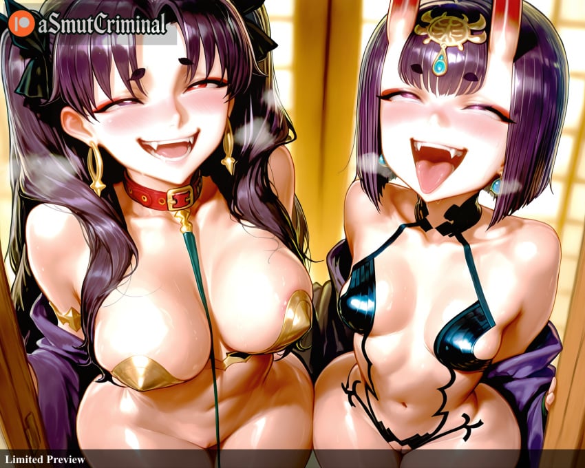 3girls ai_generated alternate_breast_size arms_behind_back asmutcriminal ass_visible_through_thighs bangs bare_shoulders black_gloves black_ribbon blush breasts breath bridal_gauntlets closed_mouth collarbone crown earrings elbow_gloves eyebrows_visible_through_hair fangs fate_(series) female gloves hair_ornament hair_ribbon half-closed_eyes headpiece heavy_breathing hoop_earrings horns ishtar_(fate) jewelry long_hair looking_at_viewer mash_kyrielight minamoto_no_raikou_(fate) multiple_girls naughty_face navel off_shoulder oni oni_horns open_mouth parted_bangs pasties purple_eyes purple_hair red_eyes revealing_clothes ribbon saint_quartz_(fate) saliva shiny short_eyebrows short_hair shuten_douji_(fate) skin-covered_horns small_breasts smile star_(symbol) star_earrings star_pasties sweat swimsuit symbol-shaped_pupils tagme tattoo thigh_gap thighhighs thighs tiara tongue tongue_out twintails two_side_up very_long_hair