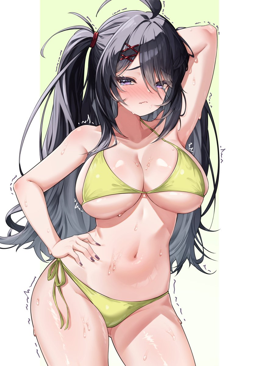 arm_behind_head armpits azur_lane bikini closed_mouth embarrassed fang full-face_blush hand_on_hip huge_breasts looking_at_viewer nail_polish scared shy side-tie_bikini sweat sweaty trembling z11_(azur_lane)