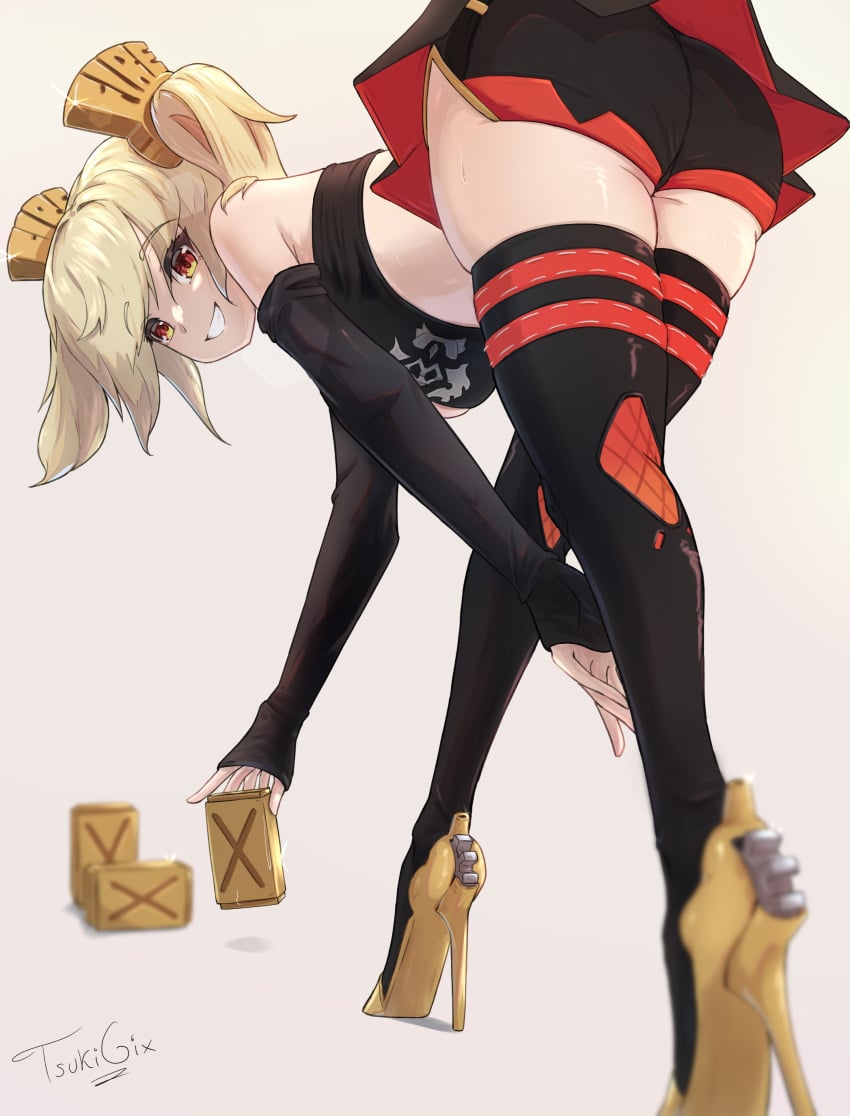 1girls absurdres arm_warmers artist_name ass bare_shoulders bent_over blonde_hair breasts burnice_white female from_behind grin hair_ornament high_heels highres large_breasts leaning leaning_forward long_hair looking_at_viewer miniskirt orange_eyes short_shorts shorts shorts_under_skirt sideboob skirt smile solo thighhighs tsukigix twintails zenless_zone_zero