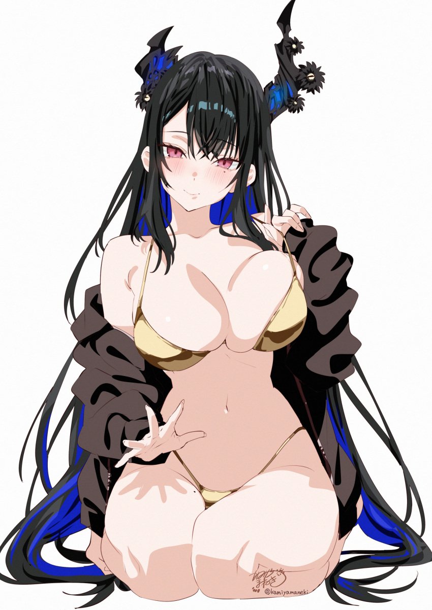 absurdres alternate_costume asymmetrical_horns barefoot bikini black_hair black_jacket blue_hair breasts cleavage closed_mouth colored_inner_hair crossed_bangs female flower full_body gold_bikini golden_week hair_between_eyes halterneck head_tilt highleg highleg_bikini highres hololive hololive_english hololive_english_-advent- horn_flower horns jacket kamiya_maneki lap_pillow_invitation large_breasts long_hair looking_at_viewer mole mole_on_thigh mole_under_eye multicolored_hair navel nerissa_ravencroft off_shoulder open_clothes open_jacket red_eyes seiza sidelocks simple_background sitting slit_pupils smile solo straight-on straight_hair strap_lift string_bikini swimsuit uneven_horns very_long_hair virtual_youtuber white_background