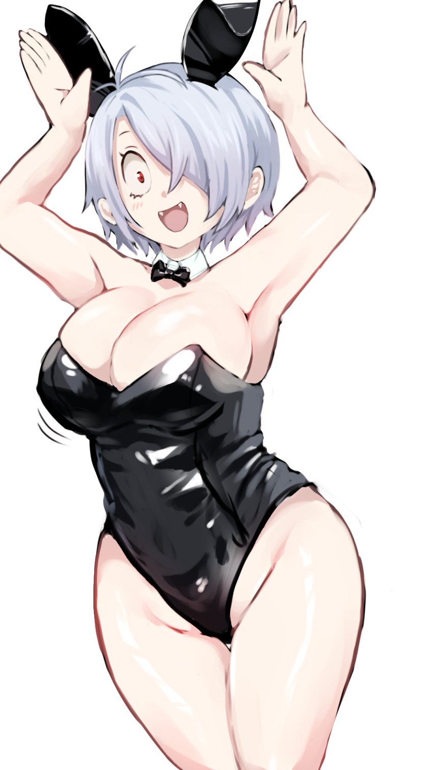 arms_up bowtie bunny_ears bunnysuit cleavage detached_collar fangs female female_only gegege_no_kitarou genderswap_(mtf) hair_over_one_eye kaho_pvt kitarou_tanjou_gegege_no_nazo looking_at_viewer medama_oyaji_(human) nipple_bulge pale-skinned_female pale_skin playboy_bunny red_eyes rule_63 short_hair smile solo white_hair wide_hips