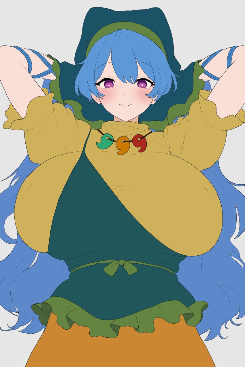 apron arms_behind_head blue_hair blush breasts dress female gigantic_breasts green_apron green_headscarf hand_behind_head headscarf huge_breasts jewelry keiki_haniyasushin long_hair looking_at_viewer magatama moriforest1040 purple_eyes single_strap skindentation smile touhou wip yellow_dress