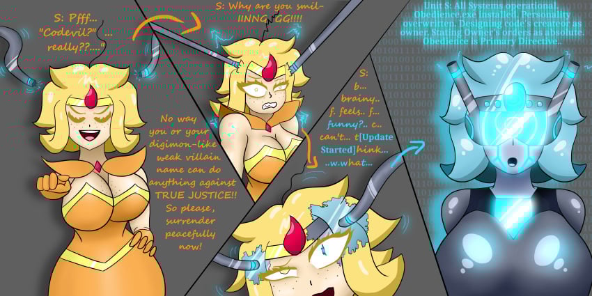 blonde_hair breasts comic denial female femsub freckles instant_loss onorgasmic original robot robot_girl robotization spiral sunny_breeze_(onorgasmic) tech_control text transformation visor wires