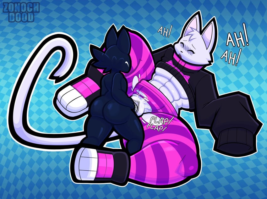 abs ambiguous_gender anthro anthro_penetrated chonzo feline feline_ears feline_humanoid feline_tail muscular oc oversized_sleeves pink_pants ripped_pants size_difference small_dom_big_sub surprised sweatshirt thick_thighs vaginal_penetration white_fur yuki_(zonoch_dood) zguy_101 zonoch_dood