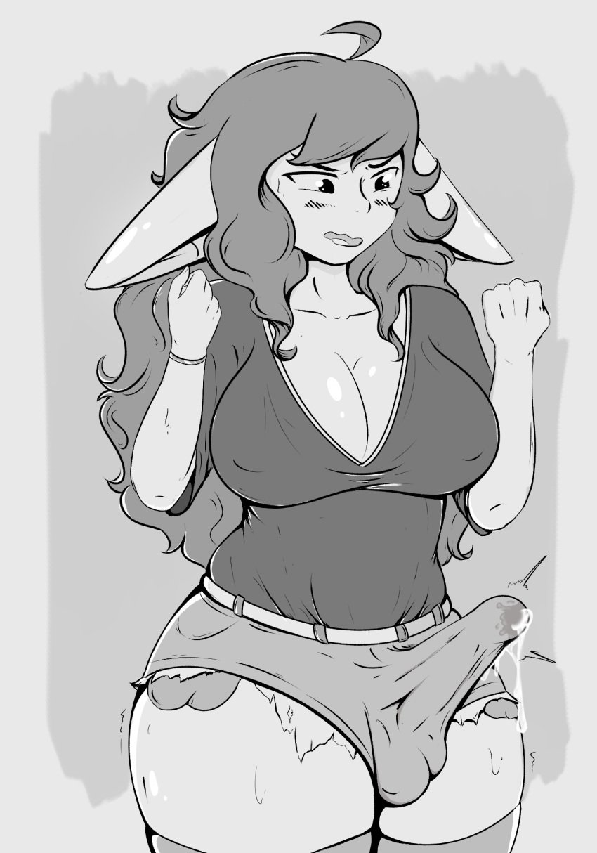 ashamed blush blush_lines breasts bulge bulge_through_clothing cum cum_in_clothes cum_in_clothing cum_stain daisy_dukes futa_only futa_sans_pussy futanari goblin goblin_female goblin_futa hornyskull_(artist) huge_breasts huge_cock intersex long long_ears long_hair long_penis looking_at_penis looking_pleasured solo solo_focus thick_thighs tight_clothing tight_fit