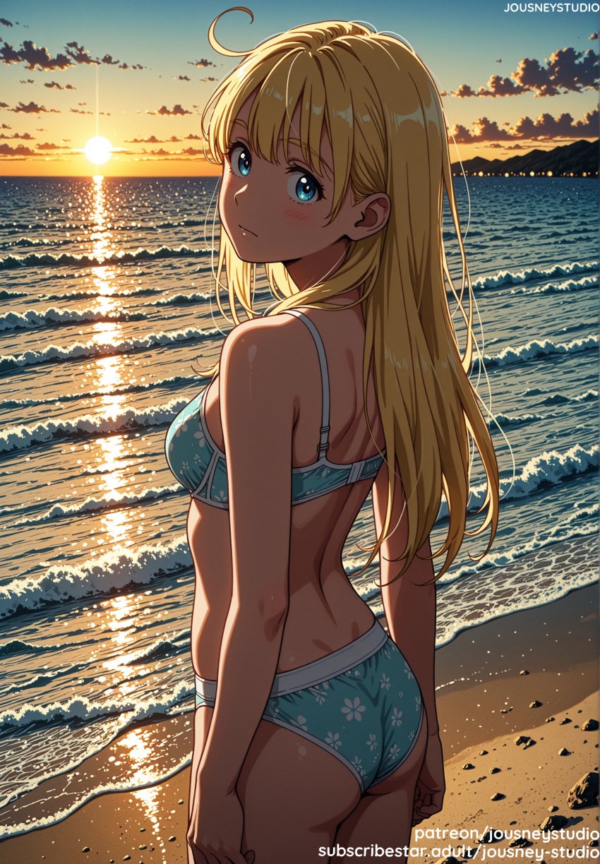 ahoge ai_generated arms_at_sides ass back bangs bare_arms bare_shoulders beach bikini blonde_hair blue_eyes blue_sky blue_swimsuit blush bra breasts closed_mouth clothing cloud cloudy_sky day evening female female floral_print from_behind horizon jousneystudio kofune_ushio long_hair looking_at_viewer looking_back medium_breasts ocean orange_sky original outdoors sand sky small_breasts smile solo standing summertime_render sun sunset swimsuit underwear underwear_only water waves