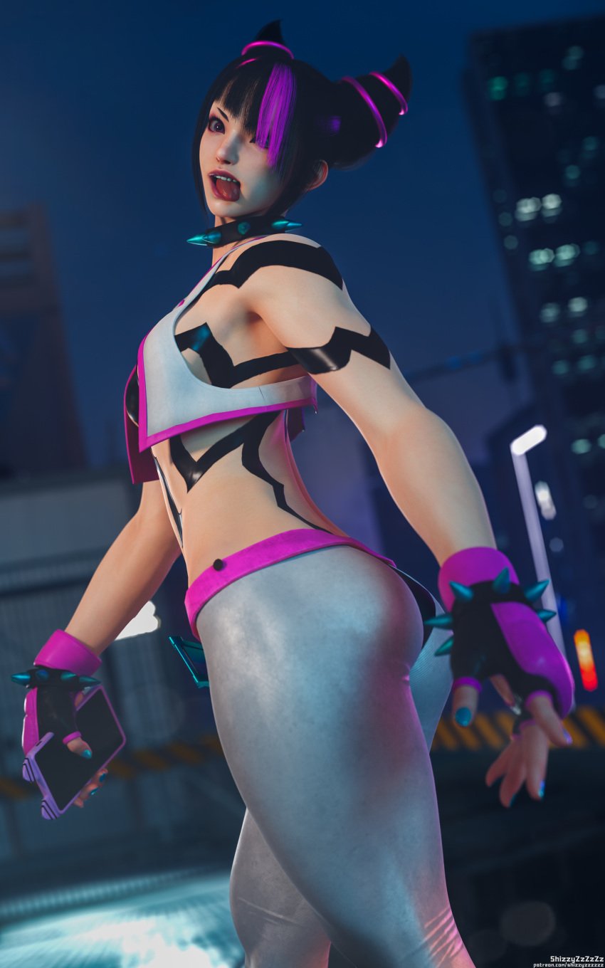 1girls 3d asian asian_female ass athletic athletic_female back back_view breasts bubble_ass bubble_butt clothed clothing color_edit crazy_eyes female female_only fighter hourglass_figure human juri_han korean large_breasts light-skinned_female light_skin medium_breasts shizzyzzzzzz solo south_korean street_fighter street_fighter_6 tongue tongue_out voluptuous watermark