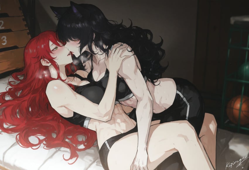 2girls ai_generated black_hair blake_belladonna blush cat_ears female gym_clothes kizirugai pyrrha_nikos red_hair rwby toned_female yuri