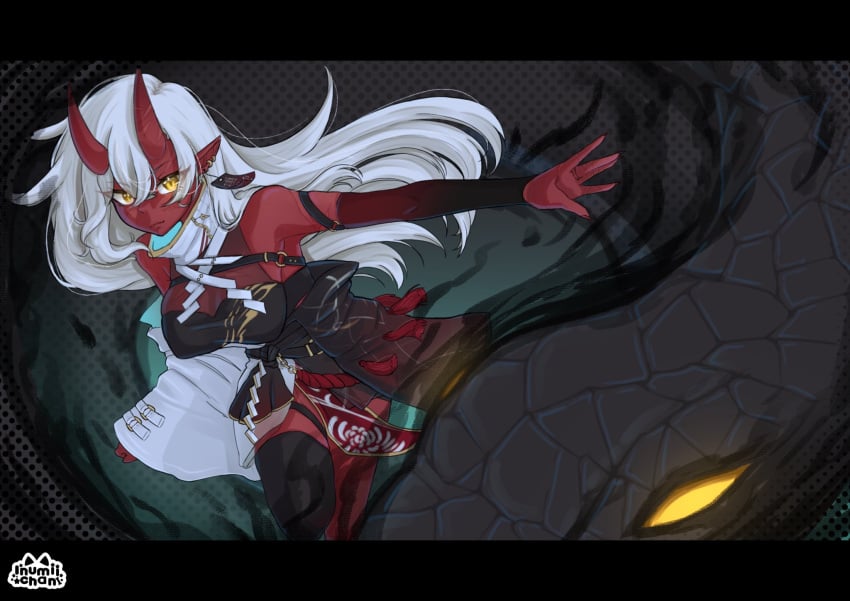 akumi artist_name bare_shoulders black_legwear breasts cleavage demon_girl female hair_between_eyes horns jewelry large_breasts letterboxed long_hair long_sleeves looking_at_viewer monster_girl oni oni_horns pointy_ears ponytail red_skin sitting solo thighhighs very_long_hair vyugen white_hair yellow_eyes