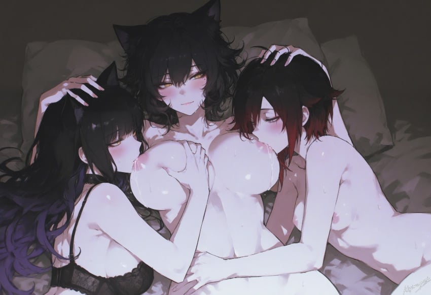 3girls ai_generated big_breasts blake_belladonna breasts cat_ears kali_belladonna ruby_rose rwby sucking_nipples yuri