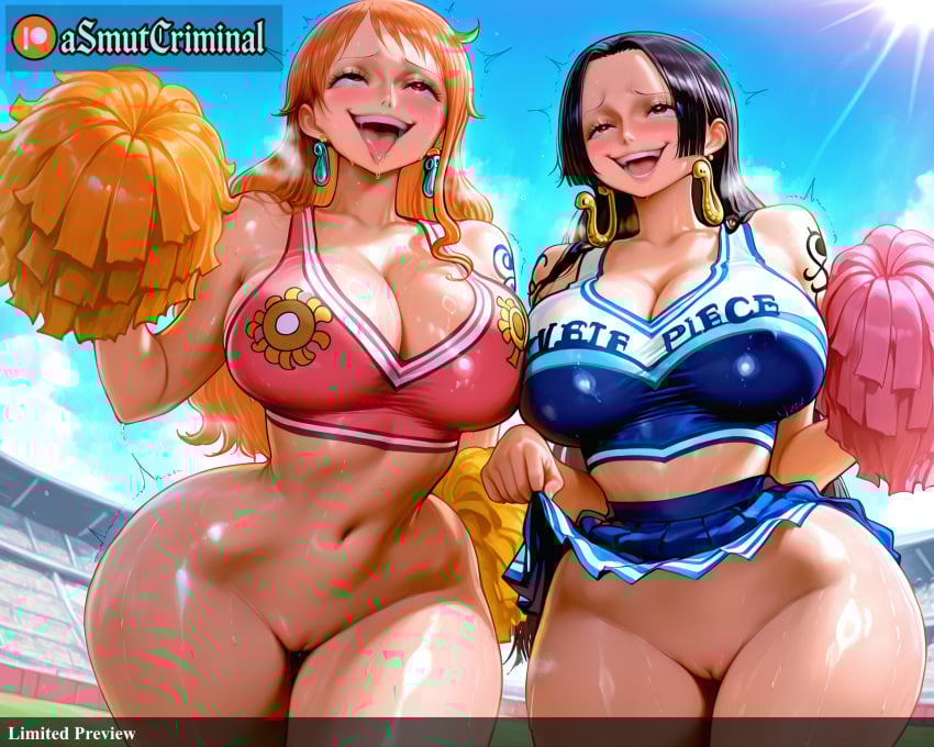 +++ 2girls ahe_gao ai_generated asmutcriminal bikini_tan black_hair blush boa_hancock breasts brown_eyes cheerleader cleavage clothes_lift crop_top dark-skinned_female dark_skin day earrings exhibitionism hoop_earrings huge_breasts jewelry lifted_by_self long_hair looking_at_viewer motion_lines multiple_girls nami_(one_piece) no_panties one_piece open_mouth orange_hair outdoors piercing pom_pom_(cheerleading) pussy pussy_juice rolling_eyes skirt skirt_lift sky smile sweat tagme tan tanlines thighs tongue tongue_out trembling web_address