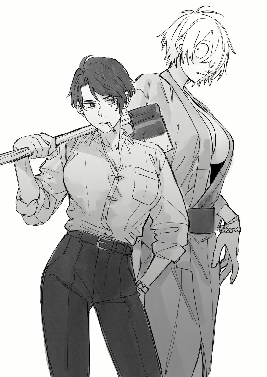 2girls axe big_breasts business_attire business_woman cigarette cleavage cute_fang dress_shirt female female_only fully_clothed gegege_no_kitarou genderswap_(mtf) height_difference kimono kitarou_tanjou_gegege_no_nazo kngr_dappou looking_at_viewer medama_oyaji_(human) mizuki_(gegege_no_kitarou) monochrome no_bra office_lady rule_63 scar scar_across_eye short_hair sleeves_rolled_up smoking underboob very_short_hair weapon wide_hips