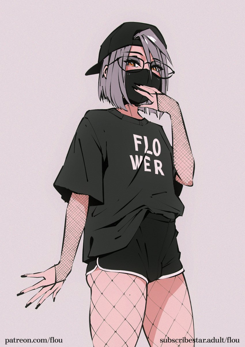 1boy clothing face_mask femboy fishnets flou flou_(character) glasses looking_at_viewer male male_only original shirt shorts solo streetwear text_on_clothing thick_thighs wide_hips