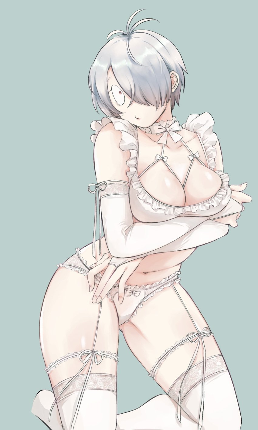 ahoge arms_crossed_under_breasts big_breasts bridal_gauntlets bridal_lingerie cleavage crossed_arms female female_only frills garter_straps gegege_no_kitarou genderswap_(mtf) hair_over_one_eye kitarou_tanjou_gegege_no_nazo kneeling lace-trimmed_thighhighs lingerie medama_oyaji_(human) pale-skinned_female pale_skin panties rule_63 short_hair solo stockings thick_thighs thighhighs very_short_hair wedding_lingerie white_hair white_panties