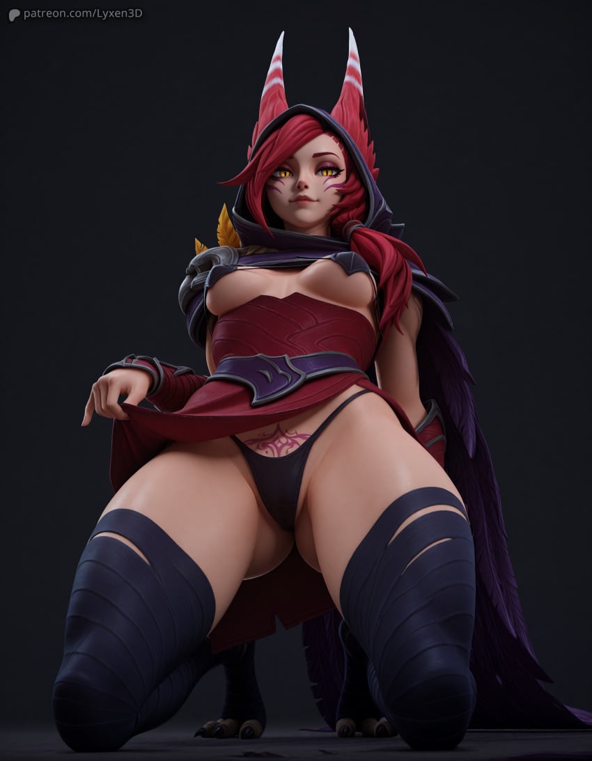 1girls 3d ai_generated animal_ears armor ass_visible_through_thighs bandages black_background black_panties breasts breasts_apart cameltoe clothes_lift feathers female hi_res highleg_panties highres hood kneeling league_of_legends lifted_by_self long_hair looking_at_viewer lyxen3d medium_breasts panties pubic_tattoo red_hair shoulder_armor smile solo tattoo thighhighs underboob underwear xayah yellow_eyes