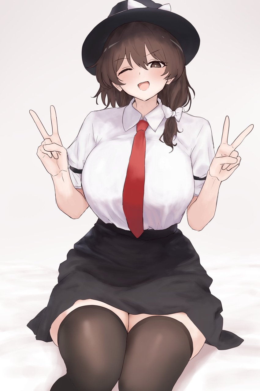 alternate_breast_size black_hat black_skirt black_thighhighs bow breasts brown_eyes brown_hair double_v female hat hat_ribbon huge_breasts large_breasts looking_at_viewer moriforest1040 necktie one_eye_closed red_necktie renko_usami shirt short_hair simple_background sitting skindentation skirt smile solo thick_thighs thighhighs thighs touhou v white_bow white_shirt