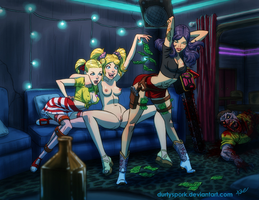 3girls abraham_lopez candi_stryper clothing crossover durtyspork female human juliet_starling lap_dance lollipop_chainsaw mostly_nude multiple_females multiple_girls the_house_of_the_dead varla_guns yuri zombie