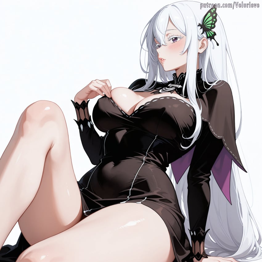 1girl ai_generated black_capelet black_dress blush breasts butterfly_hair_ornament capelet cleavage colored_eyelashes covered_navel dress echidna_(re:zero) female hair_between_eyes hair_ornament knee_up large_breasts long_hair long_sleeves parted_lips patreon patreon_username purple_eyes re:zero_kara_hajimeru_isekai_seikatsu simple_background sitting solo thighs velurieve white_background white_hair