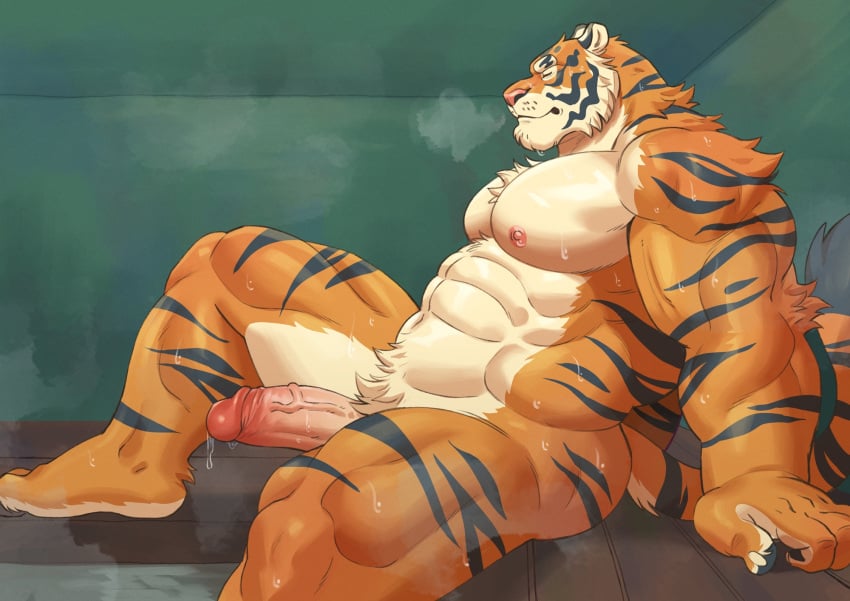 abs adios biceps bodily_fluids body_hair breath chest_hair dripping erection felid genital_fluids genitals heat_(temperature) hi_res male mammal muscular nipples pantherine pecs penis precum pubes sauna sitting solo sweat sweatdrop tail tiger