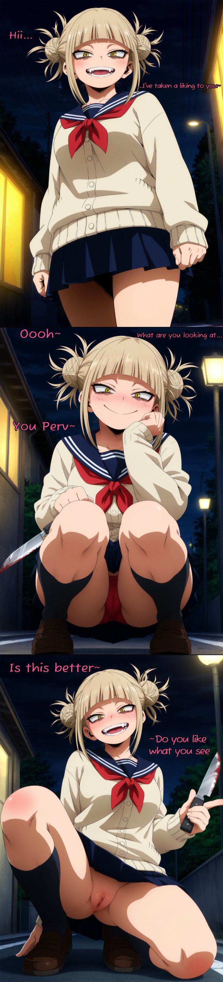 accurate_art_style ai_generated black_socks blonde_hair blood_stain bloody_knife blue_sailor_collar blush boku_no_hero_academia brown_shoes closed_mouth comic_strip double_bun female female_focus female_only hair hair_bun himiko_toga knife lamppost looking_at_viewer my_hero_academia neckerchief night night_sky open_mouth out_of_frame_male outdoors outside panties pussy red_panties school_uniform shoes short_skirt showing_panties showing_pussy sitting skirt slit_pupils smile socks speech squat squatting standing street sweater text toga_himiko upskirt upskirt_view yellow_eyes