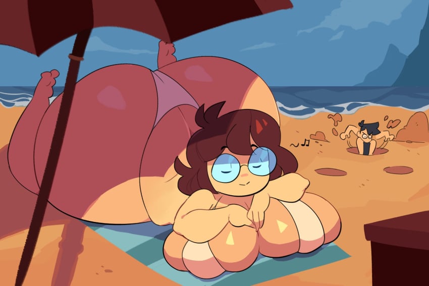 2girls ass ass_bigger_than_head beach beach_day beach_towel beach_umbrella big_breasts big_butt bikini boss_(thelittlenerdys) breasts brown_hair dress dressed elwilsjeje fat_ass female glasses huge_breasts huge_butt humming luna_(thelittlenerdys) lying lying_down lying_on_stomach nerd nerdy nerdy_female relax relaxed relaxed_expression relaxing sand short_hair swimsuit thick_thighs twitter_user_sona umbrella