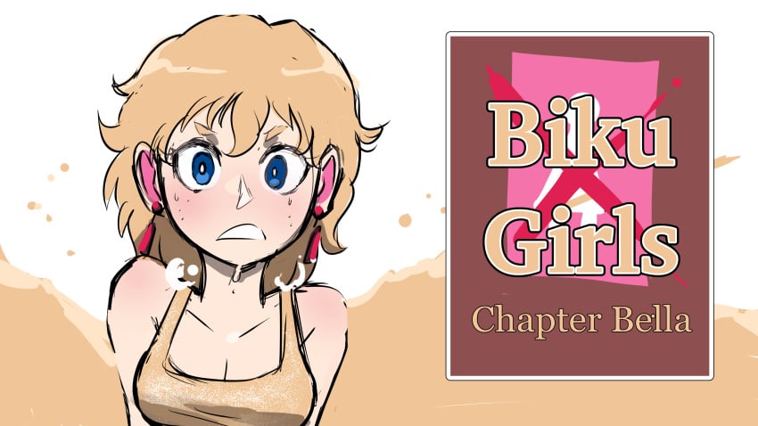 1girls bare_shoulders bella_(biku) biku blonde_hair blue_eyes blush breasts cleavage clenched_teeth earrings have_to_pee large_breasts looking_at_viewer original short_hair sweat title_page
