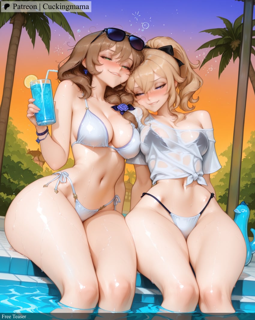 2girls aerial_fireworks ai_generated aviator_sunglasses bamboo bangs bare_shoulders bare_tree beach bikini black_bikini blonde_hair blue_eyes blush branch breasts brown_hair closed_eyes cocktail cocktail_glass coconut collarbone cuckingmama cup curvy day drink drinking_glass drinking_straw drunk eyebrows_visible_through_hair eyewear_on_head fireworks genshin_impact hair_between_eyes hairbow jean_(genshin_impact) jewelry large_breasts leaf lisa_(genshin_impact) long_hair looking_at_viewer multiple_girls navel night night_sky ocean one_eye_closed outdoors palm_leaf palm_tree partially_submerged plant ponytail pool poolside potted_plant see-through shore side-tie_bikini sitting sky smile soaking_feet star_(sky) starry_sky sunglasses swimsuit tagme tanabata tanzaku thighs tied_shirt tray tree tropical_drink vines wading water wet wet_clothes wet_shirt white_bikini white_swimsuit